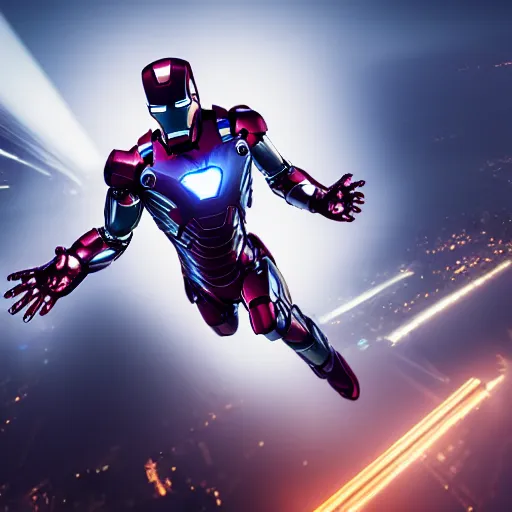 Image similar to A hyperdetailed photograph of a silver suit Iron Man flying through the skies of a cyberpunk, futuristic city, night, dense fog, rain, HD, 8K resolution