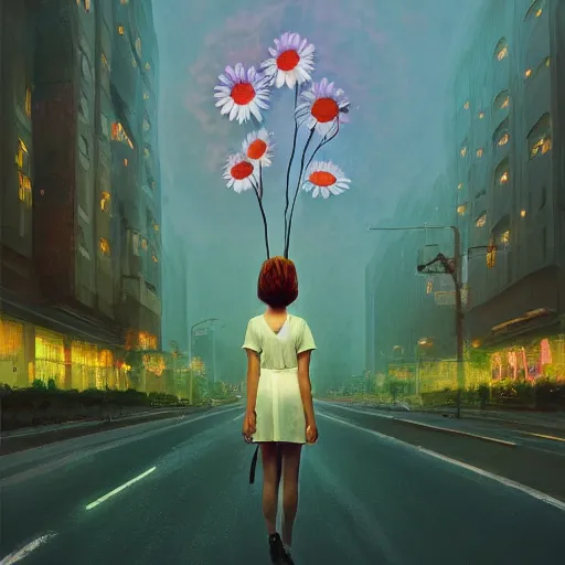 Image similar to huge daisy flower head, woman in modern city, surreal photography, night light, dark, impressionist painting, digital painting, artstation, simon stalenhag