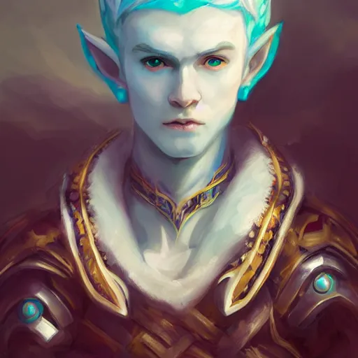 Image similar to half length portrait of a handsome male snow elf in a turquoise cape and silver ornate armour as an archer, albino skin, pale pointed ears, winter vibes, perfect face, elegant, very coherent symmetrical artwork, atmospheric lighting, rule of thirds, by wenjun lin, krenz cushart, charlie bowater, trending on artstation