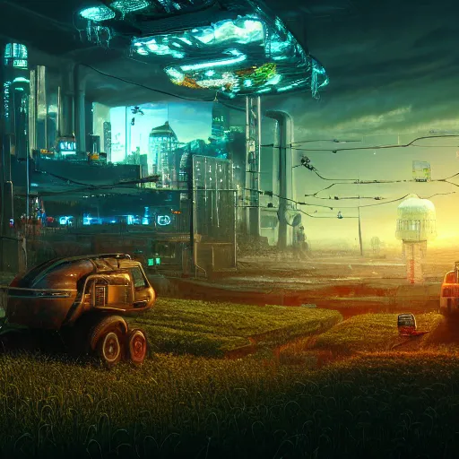 Image similar to fully detailed landscape of a cyberpunk cunderground , watertank, futuristic tractors, farmhouse, mushroom, overgrowth, Ai , Bots , drones , cinematic lightening, in the future, high quality, 8k , octane render, trending on artstation , greg rutowski