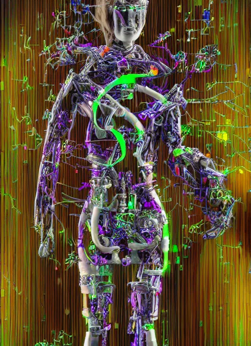 Prompt: a hybrid humanoid cyborg built with cybernetic material and wood, herbs and multicolored flowers, hyperspectral imaging, multispectral imaging, perspective, colorful, spectral color, refractive,