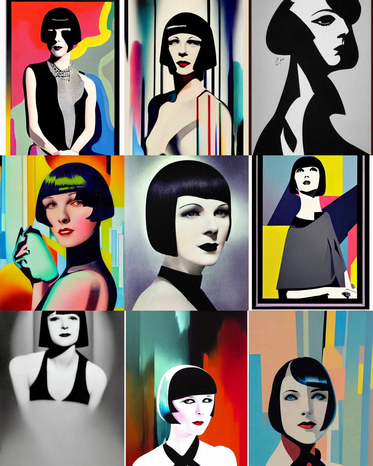 Prompt: full length portrait of 2 0 year old mary louise brooks, shiny bob haircut, dramatic light, abstract art deco city background, screen print, high contrast, sharp,, painted by ross tran 1 9 2 0 s