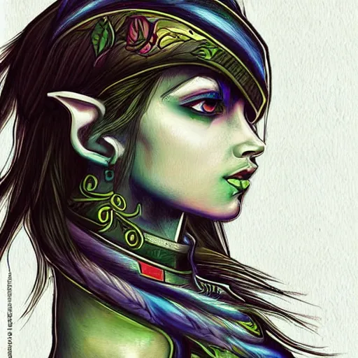 Prompt: masterpiece symmetrical painted portrait of a beautiful elf in a cyberpunk style
