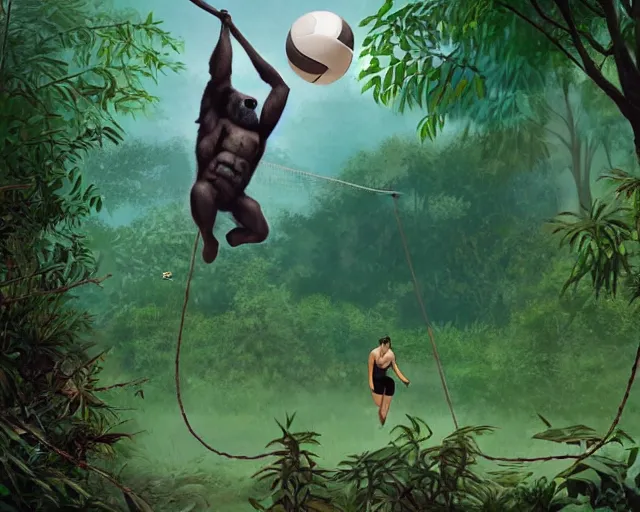 Image similar to a gorilla playing volleyball in a jungle, holding a volleyball, volleyball net, digital art, in the style of greg rutkowski