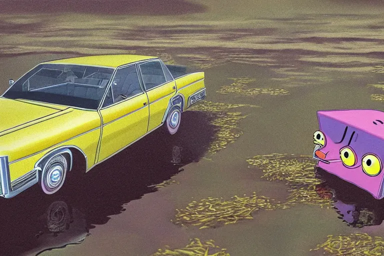 Prompt: spongebob squarepants driving a cadillac in a wetland, realistic photograph