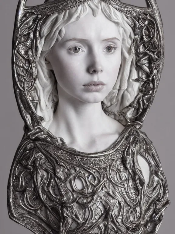 Image similar to a dramatically lit art nouveau white marble and silver portrait sculpture of a very young karen gillan as joan of arc, delicate, intricate, smooth, beautiful, glowing, by charles van der stappen