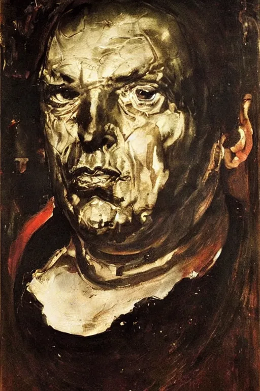 Image similar to menacing portrait of medici emerging from the dark void, loneliness in the dark void, painted by Adrian Ghenie, Eugène Delacroix, Francis Bacon,