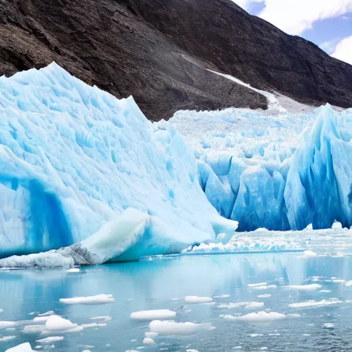 Prompt: a wide angle photograph taken on a kayak of a river with blue skies ahead and very tall blue frozen glaciers on the sides, rowing out of a frozen ice cave