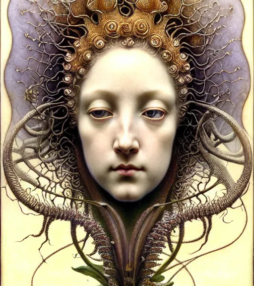 Prompt: beautiful young orchid queen detailed realistic porcelain face portrait by jean delville, gustave dore, iris van herpen and marco mazzoni, art forms of nature by ernst haeckel, art nouveau, symbolist, visionary, gothic, neo - gothic, pre - raphaelite, fractal lace, intricate alien botanical biodiversity, surreality, hyperdetailed ultrasharp octane render