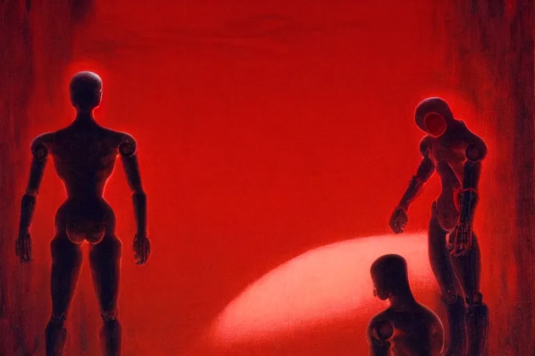 Image similar to only with red, a red cyborg samurai, tokio futuristic in background, some evil yokai, in the style of beksinski, parts by edward hopper, parts by rodcenko, parts by yue minjun, intricate and epic composition, red by caravaggio, insanely quality, highly detailed, masterpiece, red light, artstation, 4 k