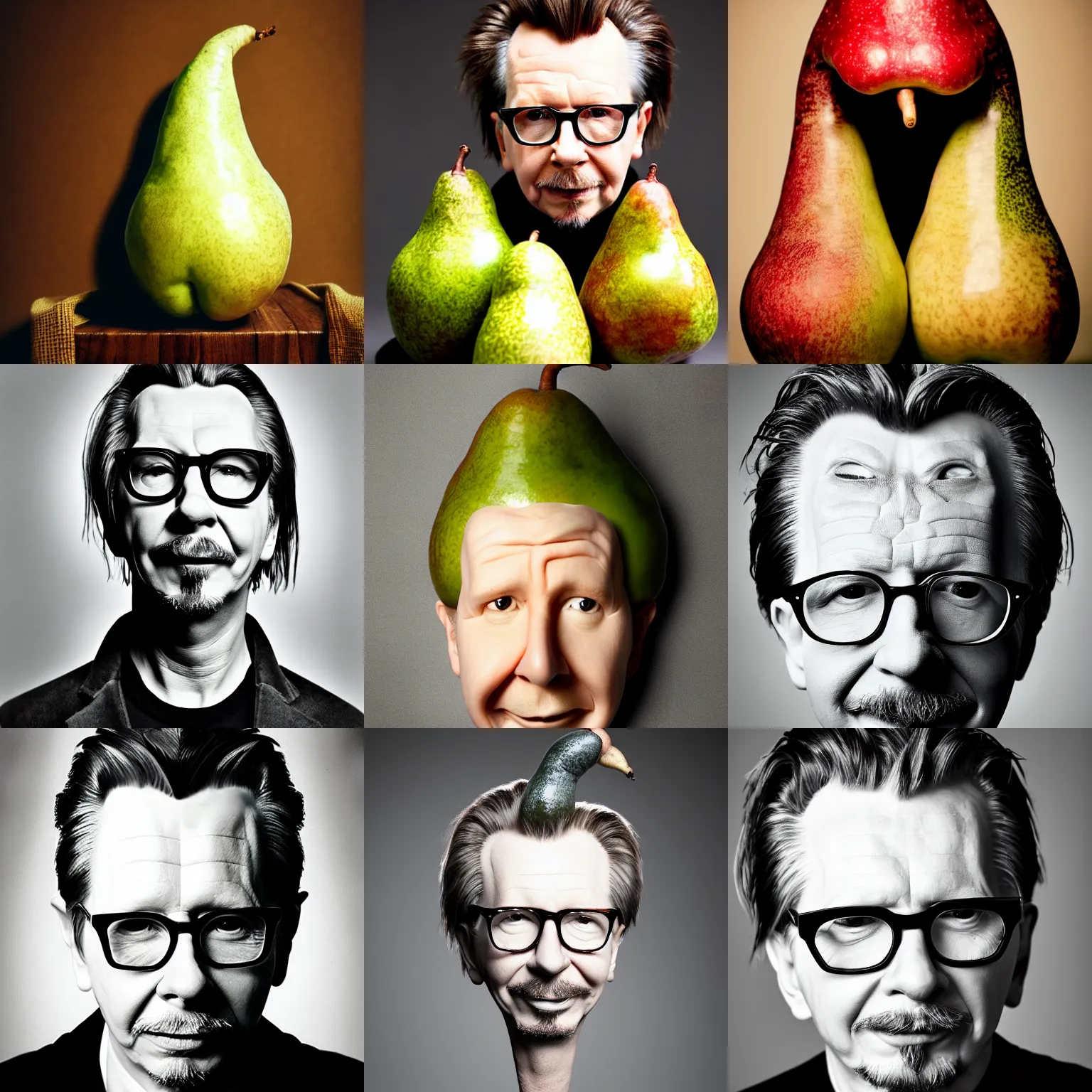 Prompt: gary oldman as a pear, head made out of a pear, pear head, gary oldman with a pear for a head, professional photography, studio lighting, portrait of gary oldman