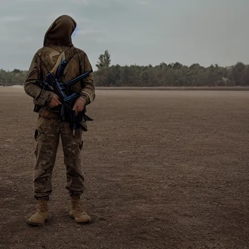 Prompt: cinematic photo of Hooded innocent man, his hands are tied behind his back, he is standing 20 feet from a line of military men with their rifles pointed at him, firing squad, award winning, golden hour