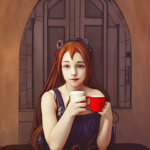Image similar to a portrait of a girl drinking coffee , fantasy, anime , madhouse production, HDR, natural light, shoulder level shot, dynamic pose, award winning photograph, Mucha style 4k,