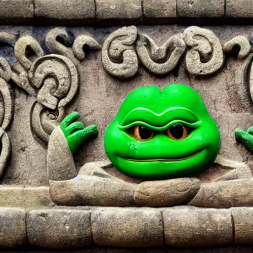 Prompt: bas - relief about pepe the frog on borobudur wall