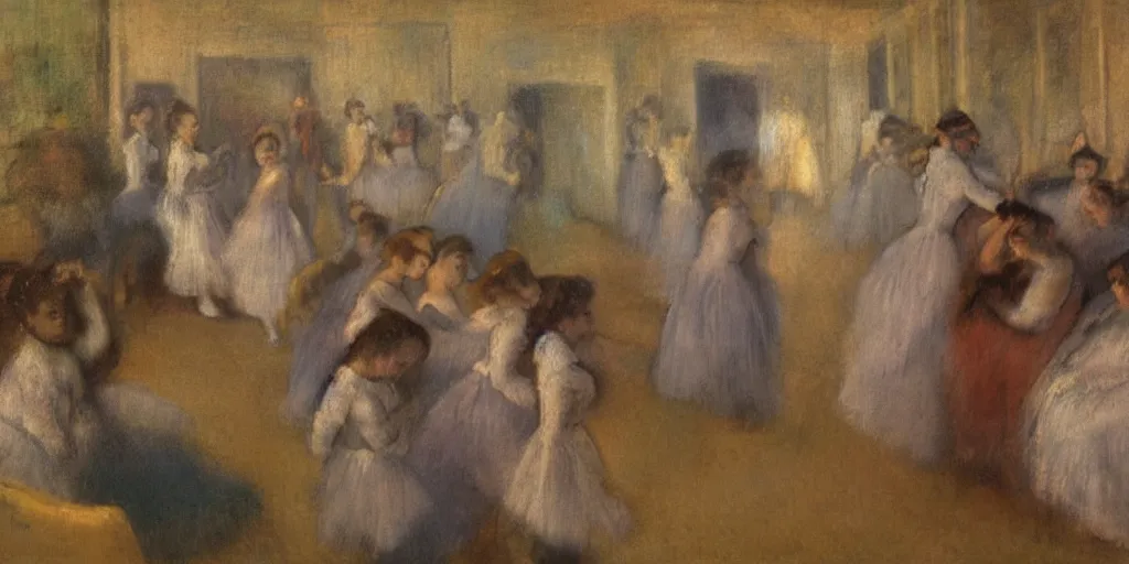 Image similar to an audience full of tall terrifying aliens in robes. They are watching a human ballet. in the victorian era. in the style of an impressionist painting. in the style of edgar degas.