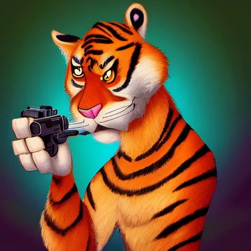 Image similar to “portrait of tiger in the style of the movie zootopia holding a laser gun, 4k, digital art, award winning”