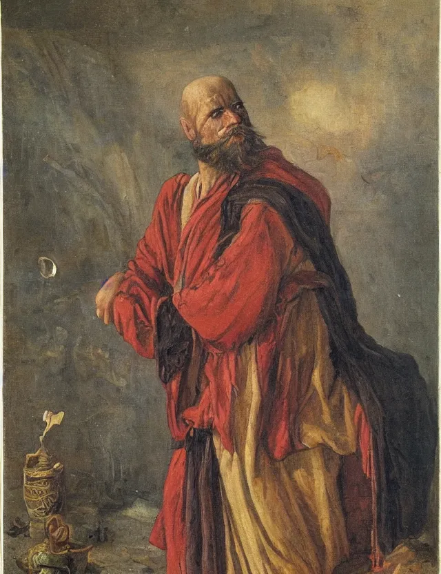 Prompt: orientalist painting of disheveled sunken - eyed sorcerer painter