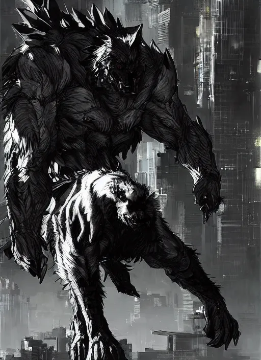 Prompt: Giant wolf towering over a city. In style of Yoji Shinkawa and Hyung-tae Kim, trending on ArtStation, dark fantasy, great composition, concept art, highly detailed, dynamic pose.