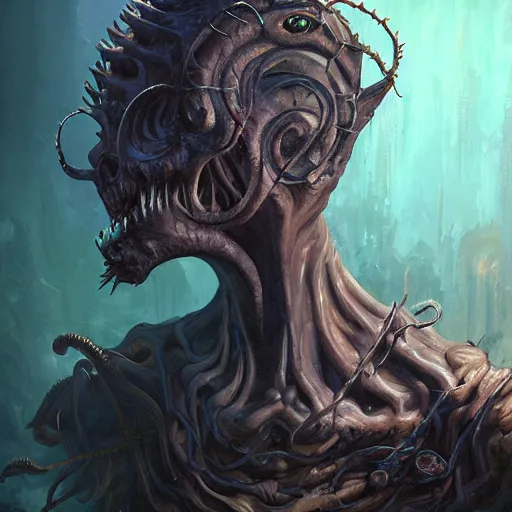 Image similar to eldritch abomination, oil painting, cinematic, intricate complexity, rule of thirds, in the style of Adam Paquette, Svetlin Velinov, Daarken, Artgerm, Keith Thompson, and Eric Deschamps, face by Artgerm and WLOP, magic the gathering art, character concept