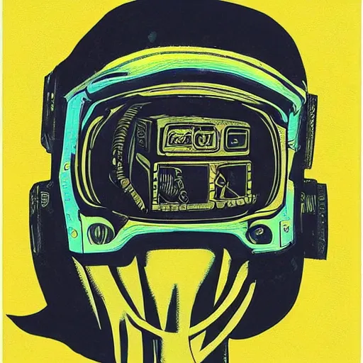 Image similar to Illustrated by Shepard Fairey and H.R. Giger | ((Cyberpunk Van Gogh with VR helmet, surrounded by cables))