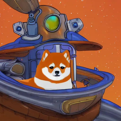 Image similar to cute shiba astronaut on a flying ship, treasure planet style, digital art, 4 k, realistic, vivid colors