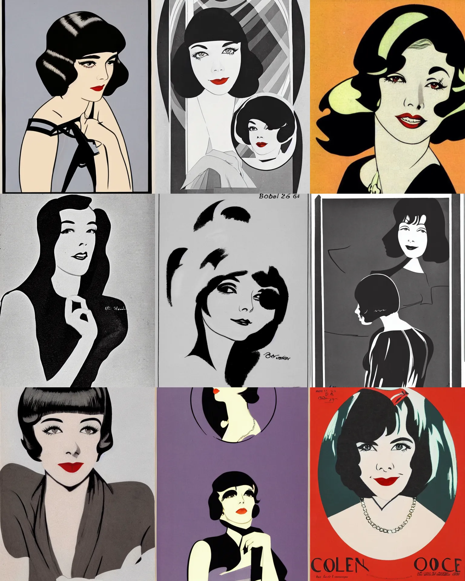 Image similar to Colleen Moore 25 years old, bob haircut, portrait by Patrick Nagel, 1920s