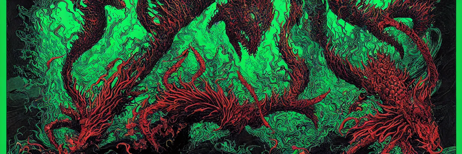 Prompt: A hellspawn demon made of flaming scales greeting souls of sinners at the gates of the River Styx by Dan Mumford and Josan Gonzalez and Feng Zhu and Loish and Stephen Gammell: 1, black border: 0.75, vibrant: 0.75, psychedelic, green: 0.5, blue: 0.5