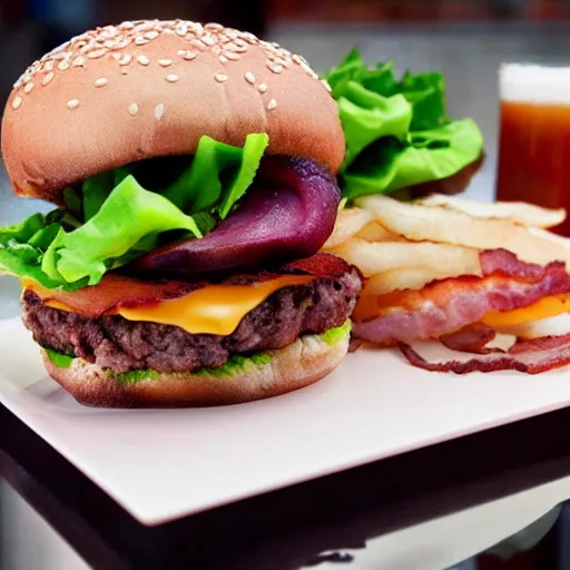 Image similar to a delicious hamburguer, food photography, award winning, lots of bacon, tasty