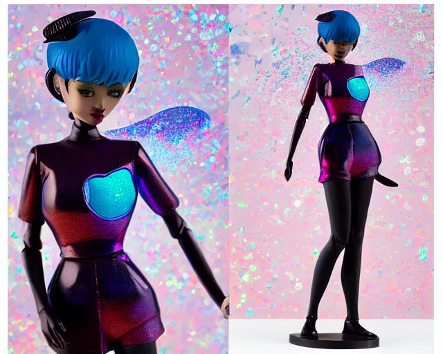 Image similar to James Jean cheerful tomboy vinyl figure, figure photography, delicate dynamic pose, holographic undertones, glitter accents on figure, anime stylized, accurate proportions, high detail, ethereal lighting - H 640