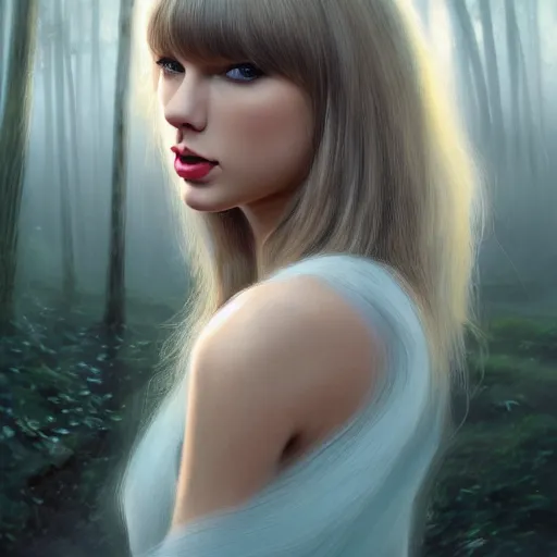 Image similar to taylor swift, long hair with bangs, Crystal blue eyes, full-shot, full pov, beautiful fog lit forest in backround, oil colors, elegant, sharp focus, beautiful face, Hyper-realistic, Highly Detailed, HD, Dramatic Lighting by Brom, by beeple, studio ghibli, wallpaper, highly detailed, trending on artstation