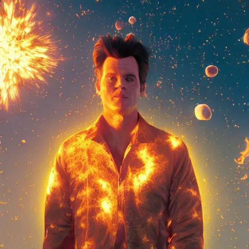 Image similar to hyperrealistic film still of ace ventura pet detective violently exploding in space, stunning 3 d render, inspired by istvan sandorfi & greg rutkowski & unreal engine, perfect symmetry, dim volumetric cinematic lighting, 8 k octane comprehensive render, extremely hyper - detailed, incredibly lifelike attributes, intricate, real flesh texture, masterpiece, artstation, stunning,