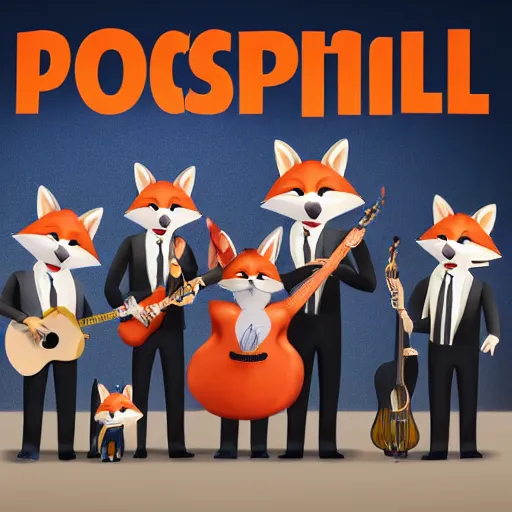 Image similar to photorealistic music album cover, with anthropomorphic foxes animals dressed in suits, holding guitars, on a beach, all looking at camera, studio lighting, award winning photograph, 8 5 mm f / 1. 4