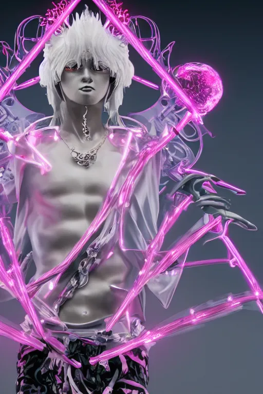 Prompt: full-body rococo and cyberpunk style quartz sculpture of a young handsome seductive japenese android ninja reaching for the sky, glowing pink laser eyes, crown of white gears and diamonds, swirling green-colored silk fabric. futuristic elements. full-length view. intricate artwork by caravaggio. Trending on artstation, octane render, cinematic lighting from the right, hyper realism, octane render, 8k, depth of field, 3D