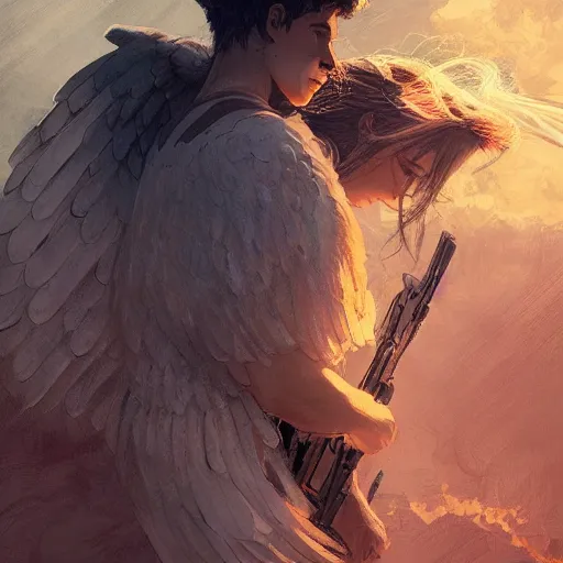 Image similar to angel protecting man, detailed intricate ink illustration, happy atmosphere, detailed illustration, hd, 4k, digital art, overdetailed art, by greg rutkowski, by loish, complementing colors, Trending on artstation, movie poster style, vector art style, Ghibli studio, studio light
