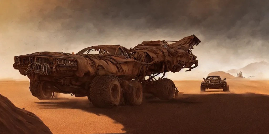 Image similar to an environmental concept art from mad max fury road, cars speeding through the desert, highly detailed, cinematic, dramatic lighting by francis tneh