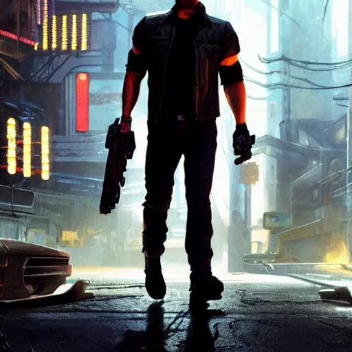 Image similar to a detailed sci fi concept art of an extremely handsome jensen ackles as the terminator walking down a dark alley in cyberpunk 2 0 7 7, holding two sawed off shotguns, volumetric lighting, octane render, 8 k, art by greg rutkowski and albert bierstadt and alphones mucha