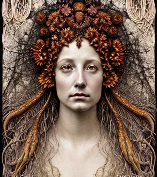 Image similar to detailed realistic beautiful autumn goddess face portrait by jean delville, gustave dore, iris van herpen and marco mazzoni, art forms of nature by ernst haeckel, art nouveau, symbolist, visionary, gothic, neo - gothic, pre - raphaelite, fractal lace, intricate alien botanicals, ai biodiversity, surreality, hyperdetailed ultrasharp octane render