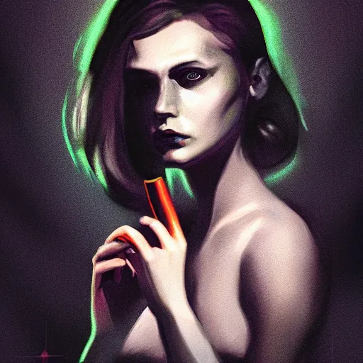 Prompt: portrait of blade runner rachael, holding a cigarette in her hand, digital art, backlight, art by artgem, indoor light, volumetric lighting, digital painting, smokey background, concept art, trending on artstaion