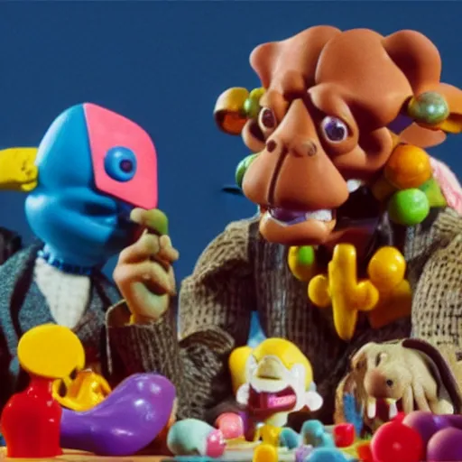 Image similar to a claymation film still of a toy / collection / ethnographic museum / claymation by jeff koons