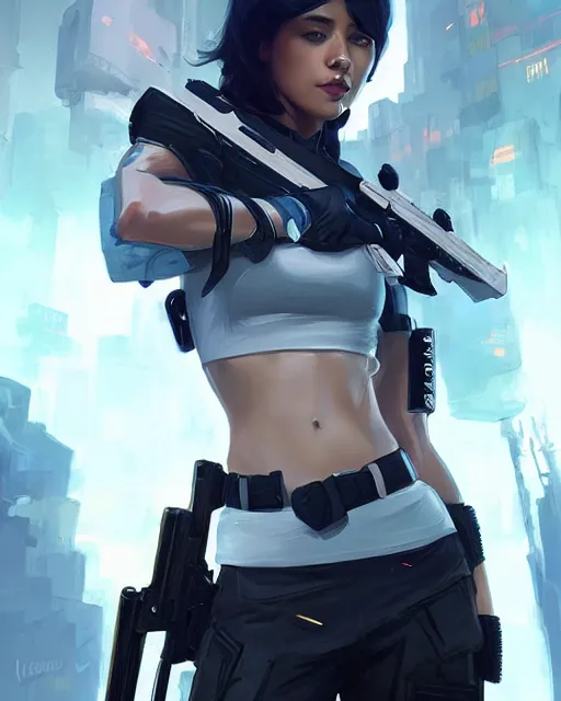 Image similar to nami, young female swat officer, neon, cyberpunk, futuristic, white top, black vest, stunning, highly detailed, digital painting, smooth, soft focus, illustration, 4 k digital art from artstation by artgerm and greg rutkowski and alphonse mucha