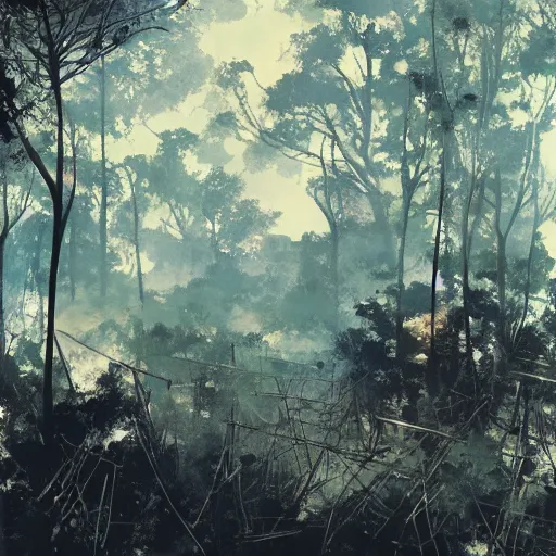 Prompt: a forest on fire, yoji shinkawa