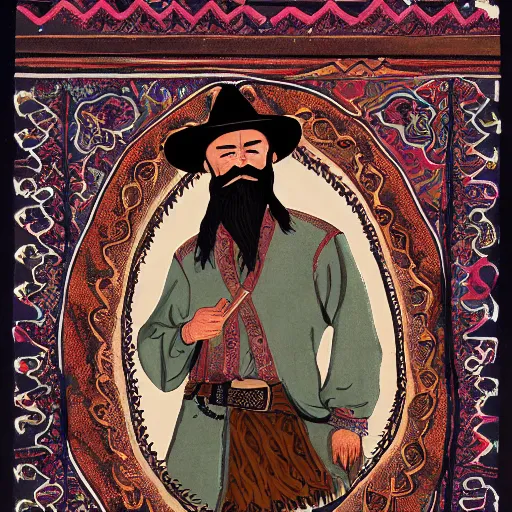 Prompt: bearded cowboy, asian steppe in background, persian folkore artstyle