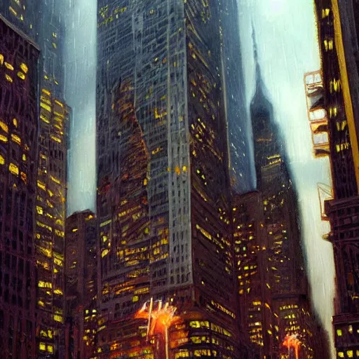 Image similar to a painting of new york city, september 1 1, 2 0 0 1's, ultra - realistic, color, concept art, intricate details, night, thunder, raining, eerie, highly detailed,, dark fantasy, photorealistic, octane render, 8 k, unreal engine 5. art by artgerm and greg rutkowski