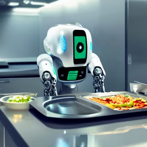 Image similar to a robot preparing a meal in a kitchen, cyberpunk, sci-fi, coherent like Dall-E 2