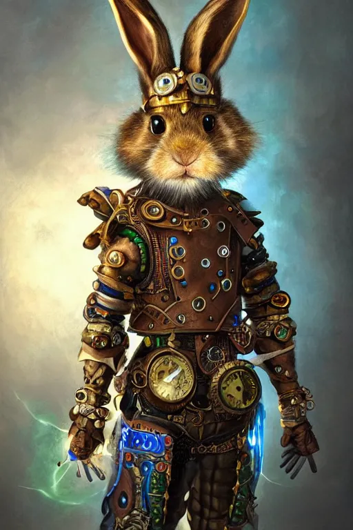 Image similar to ultra realist soft painting of a single steampunk rabbit warrior, very intricate details, rainbow lighting, reflectioons, refractions, symmetry accurate anatomy features, unreal render