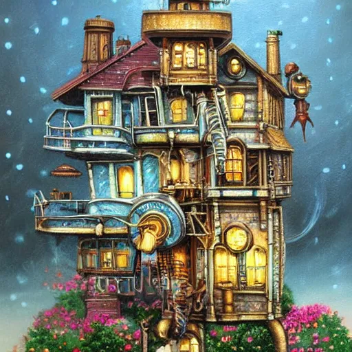 Prompt: realistic painting steampunk robot make a house. Created by Thomas Kinkade, real smooth line draw.