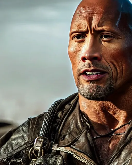 Image similar to film still close up shot of dwayne johnson as max rockatansky in the movie mad max. photographic, photography