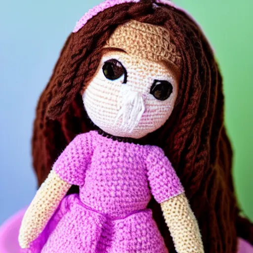 Prompt: Crocheted Pokimane Imane Anys doll. 4k bokeh photography