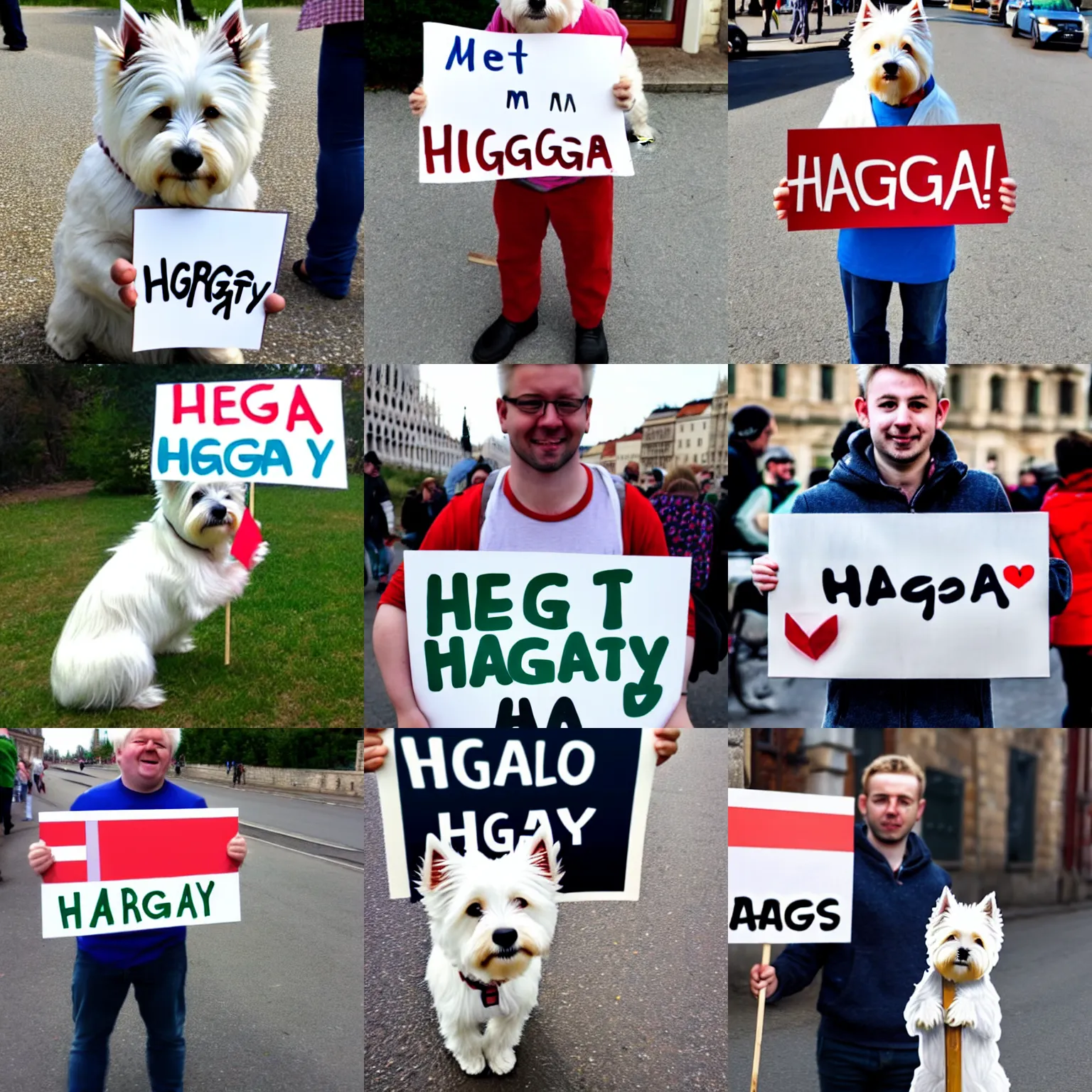 Prompt: a westie holding a sign that says me hungary!