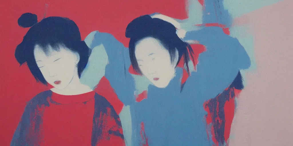 Image similar to painting of a girl by Yoshitomo Nara, azure tones, red color bleed